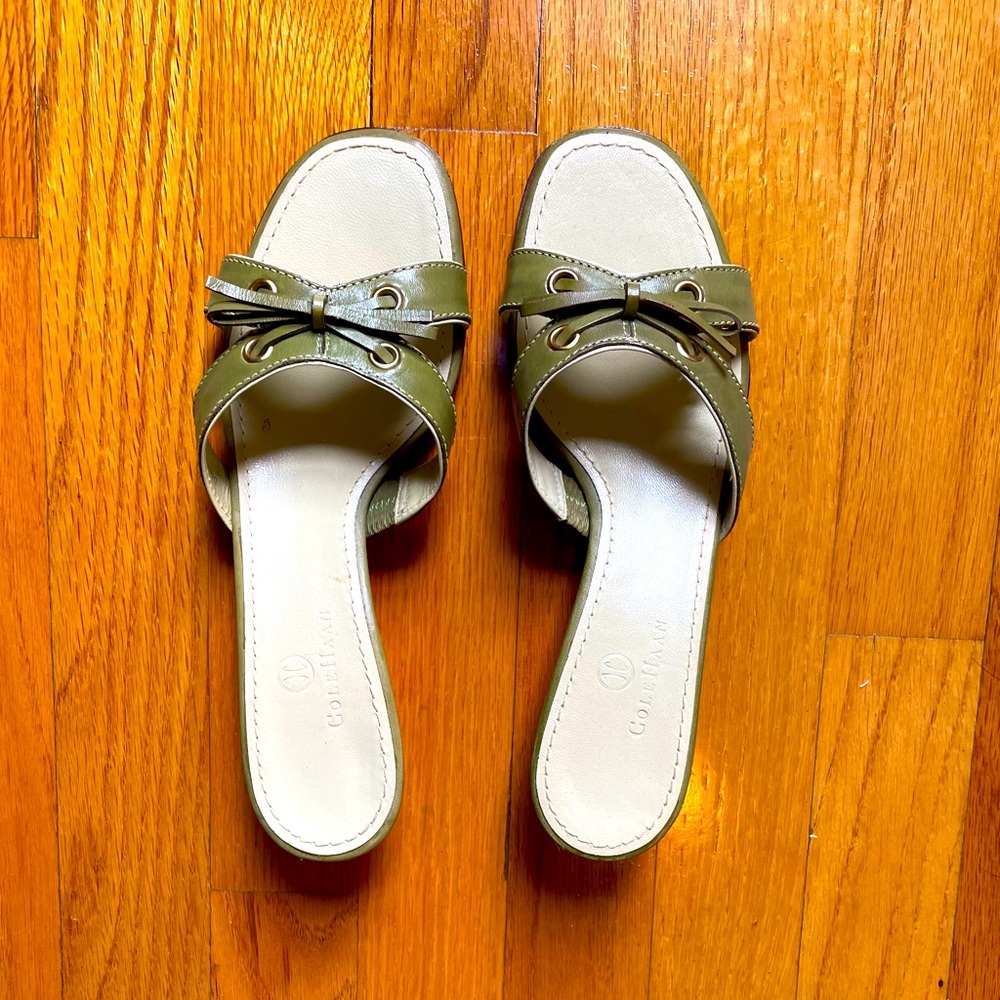 Cole Haan Olive Green Leather Slide Kitten Heel Sandals